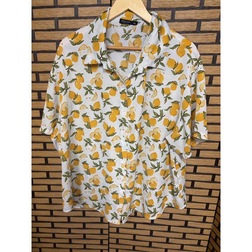 Shein White Lemon Print Button Down Shirt SIze‎ 2X